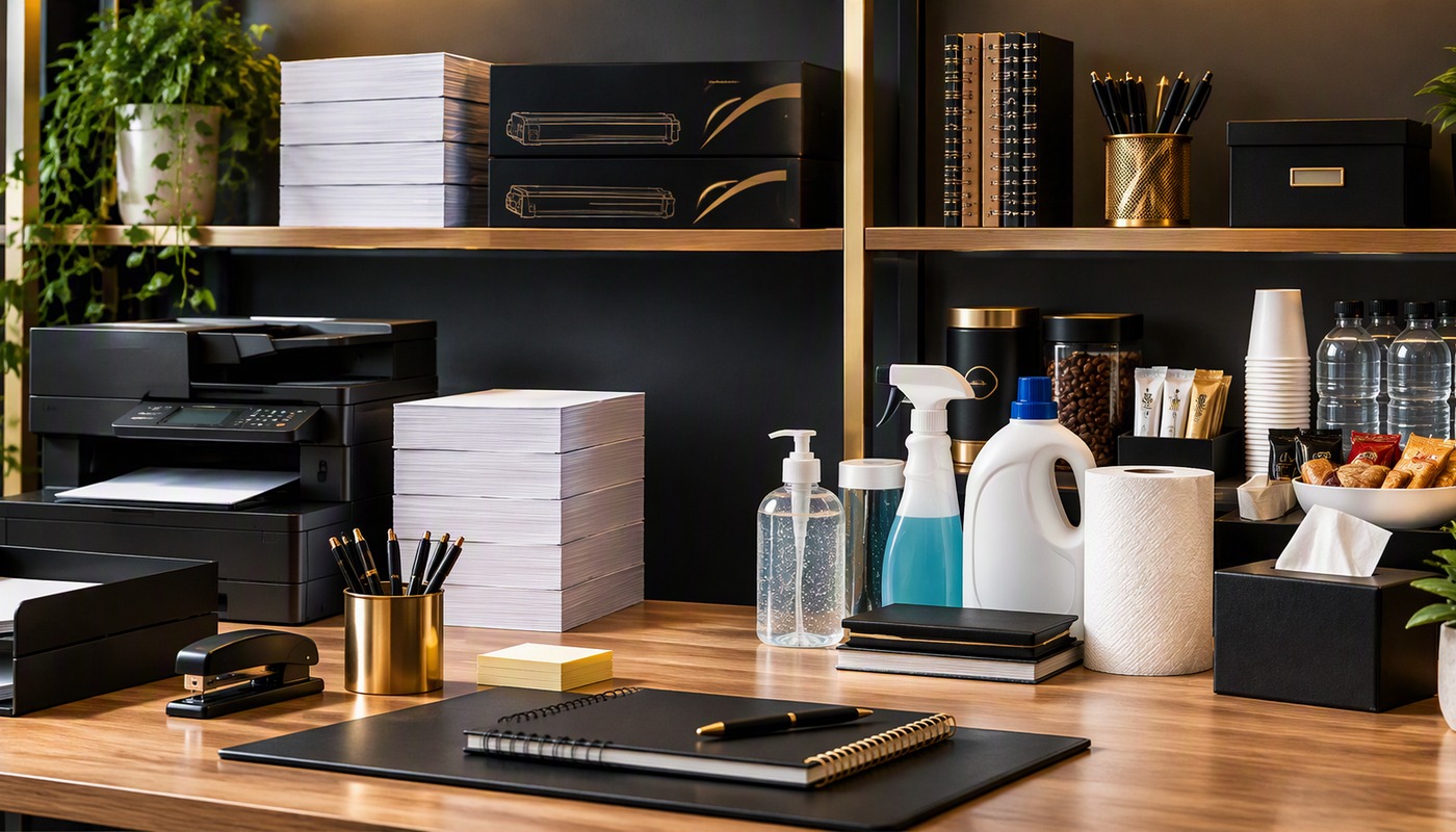 Office essentials including paper, stationery, hygiene products and refreshments